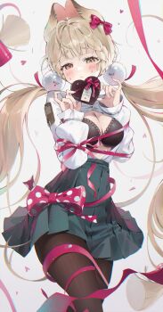 Rule 34 | 1girl, absurdres, alice thymefield, animal ears, black bra, blonde hair, blush, box, bra, breasts, brown pantyhose, chama (chacoc0), cleavage, closed mouth, commentary, cowboy shot, green skirt, grey background, hair ornament, heart, heart-shaped box, heterochromia, highres, holding, holding box, long hair, looking at viewer, low twintails, medium breasts, pantyhose, partially unbuttoned, pink ribbon, rabbit ears, rabbit girl, red eyes, ribbon, shirt, skirt, solo, sphere hair ornament, sweat, twintails, underwear, white shirt, yellow eyes, zenless zone zero