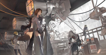 1girl 3boys absurdres against_railing android black_boots black_coat black_gloves black_pants blonde_hair blue_cloak blue_coat boots breasts brown_hair charon_(reverse:1999) cloak coat coat_on_shoulders covered_face ezra_theodore ferrofluid fishbowl_helmet flower gloves hand_on_railing highres holding holding_notebook indoors joints jumpsuit looking_to_the_side lucy_(reverse:1999) machinery medium_breasts metal_skin multiple_boys navel nixie_tube notebook object_head pants railing red_flower reverse:1999 robot_girl robot_joints scenery shirt short_hair sitting snn_(user_efzd2877) standing stool thigh_boots ulrich_(reverse:1999) veil white_gloves white_jumpsuit white_shirt white_veil