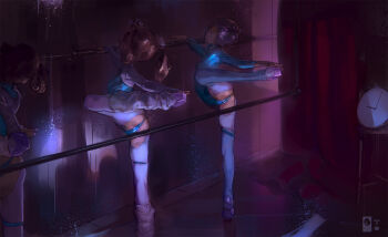 Rule 34 | 1=2, 3girls, ass, athletic leotard, ballet class clothes, ballet slippers, barre, blue leotard, breasts, brown hair, commentary, commentary request, en pointe, english commentary, full body, highres, leg warmers, leotard, long hair, mixed-language commentary, multiple girls, original, short hair, sketch, small breasts, stretching, thighhighs, thong leotard, twintails, white thighhighs