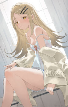 1girl absurdres artur_link blonde_hair breasts camisole cleavage closed_mouth colored_eyelashes commentary denim denim_shorts double_strap_slip earrings feet_out_of_frame flipped_hair gakuen_idolmaster gradient_hair grey_hair hair_ornament hairclip highres idolmaster indoors jewelry long_hair long_sleeves looking_at_viewer multicolored_hair off_shoulder orange_eyes parallel_hairclips parted_bangs red_ribbon ribbon robe shinosawa_hiro shorts sitting small_breasts solo strap_slip stud_earrings twitter_username white_camisole white_robe wide_sleeves window wristband