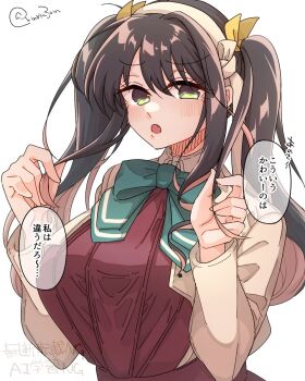 1girl alternate_hairstyle aqua_bow aqua_bowtie black_hair blazer bow bowtie breasts fang hairband highres jacket kantai_collection large_breasts long_hair looking_at_viewer matsunaga_(haku) multicolored_hair naganami_(kancolle) naganami_kai_ni_(kancolle) pink_hair school_uniform shirt smile solo twintails two-tone_hair upper_body wavy_hair white_hairband