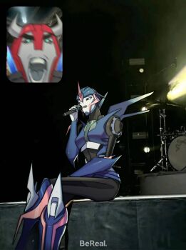 1boy 1girl arcee arcee_(prime) autobot blue_eyes cliffjumper fan_screaming_at_madison_beer_(meme) highres holding horns humanoid_robot jijing5658 looking_at_viewer mecha meme metal_skin robot robot_girl science_fiction smile transformers transformers_prime