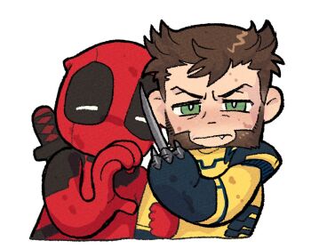 2boys arm_up beard brown_hair claw_(weapon) closed_mouth commentary cropped_torso deadpool deadpool_&amp;_wolverine deadpool_(series) deformed facial_hair fang frown green_eyes hand_on_another&#039;s_arm heart_hands_failure kab00m_chuck male_focus marvel marvel mask middle_finger multiple_boys short_hair simple_background superhero_costume sword sword_on_back symbol-only_commentary v-shaped_eyebrows weapon weapon_on_back white_background wolverine_(x-men) x-men