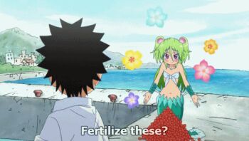 1boy 1girl ? animated animated_gif bangle black_hair blush bracelet building caviar city cloud collar egg english_text fertilization fins fish_eggs fish_tail flower green_hair hair_ornament hill house jewelry long_hair looking_at_another lowres mermaid monster_girl mukoujima_takurou muromi-san namiuchigiwa_no_muromi-san navel ocean open_mouth outdoors ovum red_eyes shell sky subtitled tail talking tree twintails water what window