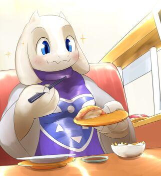 artist_request blue_eyes chopsticks eating furry highres toriel undertale utdr_(toby_fox)