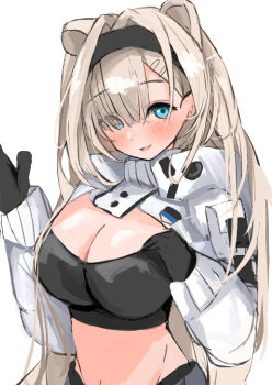 Rule 34 | 1girl, :d, absurdres, animal ears, arknights, aurora (arknights), aurora (elite ii) (arknights), bear ears, black gloves, black hairband, black sports bra, blue eyes, blush, breasts, cleavage, extra ears, eyes visible through hair, gloves, grey hair, hair over one eye, hairband, hand on own face, highres, holding hands, large breasts, long hair, long sleeves, looking at viewer, midriff, open mouth, puffy long sleeves, puffy sleeves, shrug (clothing), simple background, smile, solo, sports bra, sunaneko, upper body, white background, white shrug