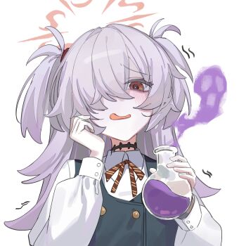 1girl absurdres black_choker black_vest blue_archive blush brown_eyes brown_ribbon buttons choker collared_shirt commentary_request curled_fingers double-breasted flask furrowed_brow gradient_hair grey_hair hair_over_one_eye hair_tie hand_up highres holding holding_flask kanoe_(blue_archive) long_bangs long_hair long_sleeves may.l messy_hair mojyo multicolored_hair neck_ribbon open_mouth pale_skin puffy_sleeves purple_hair purple_liquid ribbon round-bottom_flask shirt short_twintails simple_background sleeve_cuffs smile smoke solo striped_ribbon trembling twintails upper_body vest white_background white_shirt