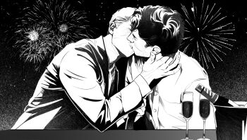 2boys absurdres aerial_fireworks alcohol bucket buttons champagne champagne_bottle champagne_flute closed_eyes commentary cup drinking_glass fireworks greyscale highres jacket kiss layered_sleeves long_sleeves male_focus monochrome multiple_boys noahdeaart open_clothes open_jacket original short_hair short_sideburns sideburns sitting suit_jacket symbol-only_commentary table yaoi