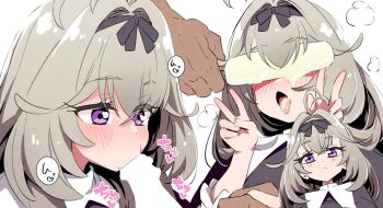 1boy 1girl blonde_hair blush closed_mouth commentary_request double_v fellatio food frown hair_intakes hands_up holding holding_food holding_popsicle looking_at_viewer meitantei_precure! melting_popsicle moria_luluka multiple_views oral penis_on_face penis_over_eyes phallic_symbol popsicle precure purple_eyes solo_focus tongue tongue_out tottotonero v