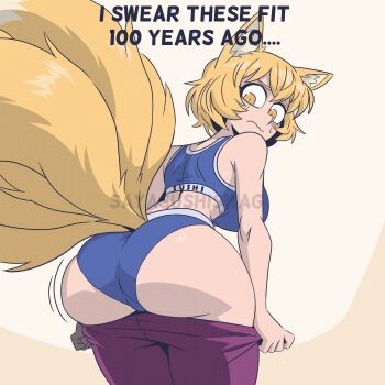 Rule 34 | 1girl, animal ears, ass, blonde hair, blue panties, blue sports bra, blush, breasts, fox ears, fox tail, highres, huge ass, kitsune, large breasts, multiple tails, no headwear, panties, pants, purple pants, sayasushiswag, short hair, solo, sports bra, tail, touhou, underwear, worried, yakumo ran, yellow eyes