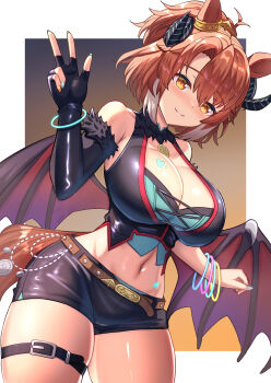1girl animal_ears bare_shoulders belt black_gloves black_horns black_shorts blush bracelet breasts brown_eyes brown_hair brown_tail cleavage closed_mouth cosplay crop_top curled_horns dantsu_flame_(umamusume) demon_costume demon_horns demon_wings dutch_angle elbow_gloves fake_horns gloves halloween_costume highres horns horse_ears horse_girl horse_tail jewelry large_breasts looking_at_viewer mejiro_palmer_(devil_in_the_moonlight)_(umamusume) mejiro_palmer_(umamusume) mejiro_palmer_(umamusume)_(cosplay) multicolored_nails multiple_bracelets navel short_shorts shorts smile solo stomach tail thigh_belt thigh_strap umamusume w white_streaks wings yuutopia