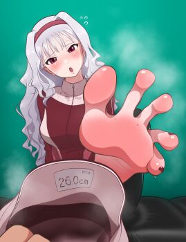 Rule 34 | 1girl, absurdres, barefoot, blush, dirty, dirty feet, feet, grey hair, hairband, highres, idolmaster, long hair, looking at viewer, open mouth, red eyes, rml6, shijou takane, shoes, single shoe, soles, steam, sweat, toes, unworn shoes