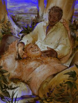 2boys armpit_hair armpits bara beard chest_tuft commentary commission couple dark-skinned_male dark_skin english_commentary facial_hair fat fat_man feet_out_of_frame full_beard happy highres interspecies large_pectorals lying male_focus mature_male monster_boy multiple_boys navel_hair nipples nordek on_back orange_hair original pectorals pointy_ears sanpaku short_hair smile solo_focus stomach thick_arm_hair thick_beard thick_chest_hair thick_navel_hair topless_male very_dark_skin very_hairy yaoi