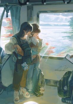 2girls absurdres backpack bag black_hair book bracelet brown_dress charm_(object) commentary_request denim dress earrings food_in_mouth front_backpack hand_grip highres holding holding_book jeans jewelry long_hair multiple_girls nail_polish open_book original pants sandals shigre shirt subway train_interior vehicle_interior white_shirt