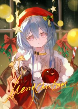 0207813730 1boy absurdres apple arknights bell blue_hair choker christmas_lights christmas_ornaments christmas_tree food fruit hair_between_eyes hat hat_ribbon head_tilt highres holding holding_food holding_fruit light_smile looking_at_viewer male_focus merry_christmas mizuki_(arknights) pink_eyes ribbon solo