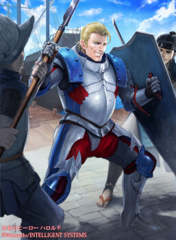 3boys alternate_costume armor armored_boots arthur_(fire_emblem_fates) blonde_hair blue_eyes boots brown_hair faceless faceless_male fire_emblem fire_emblem_cipher fire_emblem_fates gloves headband helmet male_focus manly multiple_boys nintendo official_art polearm sandals shield sky soeda_ippei solo_focus spear teeth weapon