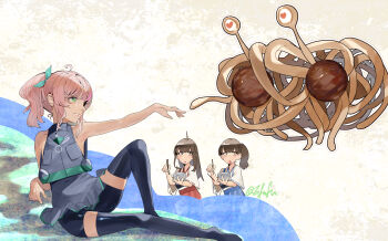 1other 3girls absurdres akagi_(kancolle) blue_hakama bowl brown_eyes brown_hair chopsticks comandante_cappellini_(kancolle) commentary_request dark-skinned_female dark_skin fine_art_parody flying_spaghetti_monster food fuwafuwatoufu green_eyes grey_wetsuit hakama highres holding holding_bowl holding_chopsticks japanese_clothes kaga_(kancolle) kantai_collection long_hair meatball multicolored_hair multiple_girls muneate outstretched_arm parody pasta pink_hair reaching reaching_towards_another red_hakama short_side_ponytail spaghetti spaghetti_and_meatballs streaked_hair tasuki the_creation_of_adam twintails