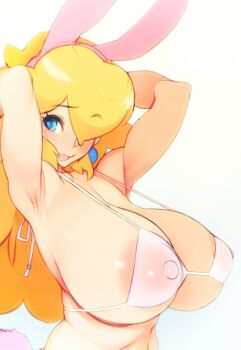 1girl animal_ears areola_slip armpits arms_behind_head bare_shoulders bikini blonde_hair blue_eyes blush breasts cleavage collarbone covered_erect_nipples doxy earrings eyelashes fake_animal_ears fake_tail hair_over_one_eye huge_breasts jewelry lips long_hair looking_at_viewer mario_(series) nintendo pink_lips pink_tail princess_peach rabbit_ears rabbit_tail raised_eyebrow solo strap_gap super_mario_bros._1 swimsuit tail tongue tongue_out upper_body white_background white_bikini