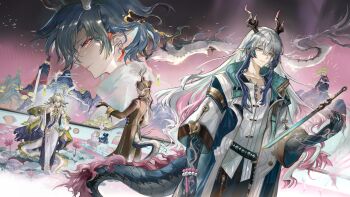 Rule 34 | 1girl, 2boys, absurdres, architecture, arknights, bead bracelet, beads, bird, blonde hair, blue hair, blue pants, bracelet, brother and sister, brothers, brown coat, brown hair, character request, chest tattoo, chinese commentary, coat, colored extremities, commentary request, dragon boy, dragon girl, dragon horns, dragon tail, dutch angle, earrings, east asian architecture, eyeliner, feet out of frame, flower, from side, gradient hair, grey hair, hair bun, hair intakes, hand up, highres, horns, jacket, jewelry, ji (arknights), long coat, long hair, long sleeves, looking at viewer, lotus, makeup, mountain, multicolored hair, multiple boys, multiple girls, off shoulder, outdoors, pants, pink eyes, pink hair, pink sky, pointy ears, profile, red eyeliner, red eyes, rock, shirt, shu (arknights), siblings, sidelocks, single earring, sisters, sky, smoke, spr75, standing, sword, tail, tattoo, three-quarter sleeves, very long hair, weapon, white coat, white jacket, white pants, white shirt, yi (arknights)
