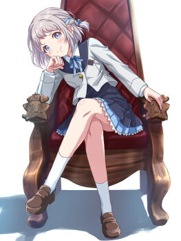 Rule 34 | >:), 1girl, armchair, blue eyes, blue ribbon, blue skirt, blush, braid, chair, closed mouth, collared shirt, commentary request, crossed legs, gakuen idolmaster, grey hair, hair ribbon, half up braid, hatsuboshi gakuen school uniform, highres, idolmaster, jacket, katsuragi lilja, loafers, long sleeves, looking at viewer, neck ribbon, on chair, pleated skirt, ribbon, ribbon braid, rocktaso co ltd, school uniform, shirt, shoes, short hair, simple background, sitting, skirt, smile, socks, solo, split mouth, v-shaped eyebrows, white background, white jacket, white shirt, white socks