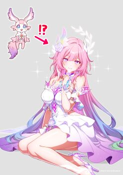 !? 1girl arrow_(symbol) artist_name bare_shoulders blue_hair breasts closed_mouth commentary_request cyrene_(demiurge)_(honkai:_star_rail) cyrene_(honkai:_star_rail) detached_sleeves diamond-shaped_pupils diamond_(shape) dress flower foot_out_of_frame gradient_hair grey_background hair_flower hair_ornament hand_up high_heels highres honkai:_star_rail honkai_(series) jewelry large_breasts long_hair looking_at_viewer mem_(honkai:_star_rail) multicolored_hair pink_hair pointy_ears pumps purple_eyes purple_shoes ring shoes simple_background sitting smile solo sparkle symbol-shaped_pupils torinokawori very_long_hair white_dress yokozuwari