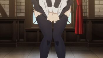 1girl alternate_costume animated animated_gif anime_screenshot apron black_dress black_thighhighs blonde_hair blue_eyes blush bouncing_breasts breasts cleavage darkness_(konosuba) dress enmaided female_focus frilled_dress frills hair_ornament kono_subarashii_sekai_ni_shukufuku_wo! large_breasts long_hair long_sleeves looking_at_viewer maid maid_apron maid_headdress skirt skirt_tug solo thighhighs thighs underboob wrist_cuffs x_hair_ornament