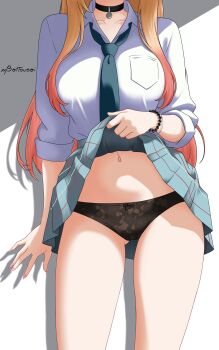 1girl absurdres black_panties blue_necktie blue_skirt bow bow_panties bracelet clothes_lift collarbone collared_shirt colored_tips commentary_request cropped_head fake_nails floral_print floral_print_panties gluteal_fold grey_background highres jewelry kitagawa_marin lifting_own_clothes mbattousai multicolored_hair multiple_bracelets nail_polish navel necktie panties pink_nails pleated_skirt print_panties school_uniform shirt signature skirt skirt_lift solo sono_bisque_doll_wa_koi_wo_suru summer_uniform thighs two-tone_background underwear white_background white_shirt
