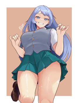 1girl absurdres artist_name blue_eyes blue_hair blush boku_no_hero_academia breasts brown_shoes collared_shirt commentary from_below green_skirt hado_nejire hands_up highres large_breasts long_hair looking_at_viewer looking_down pussy_juice reva_kristian_s school_uniform shirt shoes simple_background skirt smile solo thighs very_long_hair vest white_shirt