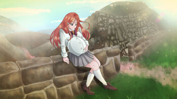 1girl anoartist1994 bleach blue_sky bow brown_shoes commission commissioner_upload dirt grey_eyes grey_skirt hand_on_own_stomach highres hill inoue_orihime karakura_high_school_uniform long_hair mountain outdoors path pregnant red_bow red_hair road rural school_uniform shirt shoes sitting skirt sky solo stone_wall sunlight white_shirt