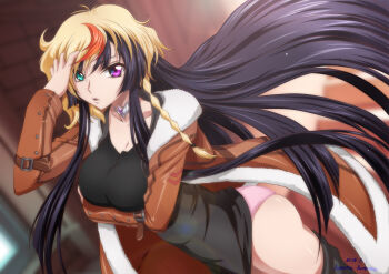 1girl ass belt black_hair breasts choker coat code_geass code_geass:_dakkan_no_roze fur-trimmed_coat fur_trim green_eyes heterochromia jacket kaname_aomame large_breasts long_hair looking_at_viewer multicolored_hair open_clothes open_jacket open_mouth panties pink_panties purple_eyes roze_(code_geass) solo sumeragi_sakuya thighs underwear wig