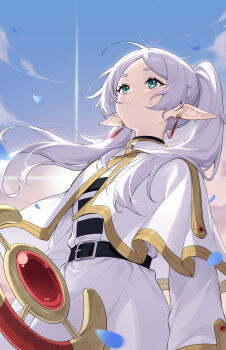 1girl absurdres belt black_belt blue_sky cloud commentary_request day elf falling_petals frieren green_eyes highres holding holding_staff hongchajun meme parted_lips petals pointy_ears sky solo sousou_no_frieren staff twintails upper_body upward_angle_frieren_drawing_(meme) white_hair