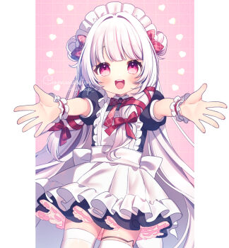 1girl :d apron black_dress blush bow collared_shirt commentary_request commission copyright_request dotted_line double_bun dress frilled_dress frills grid_background hair_bow hair_bun heart long_hair maid maid_apron maid_headdress open_mouth pink_background plaid_bow pleated_dress puffy_short_sleeves puffy_sleeves red_bow red_eyes rinndouk shirt short_sleeves skeb_commission smile solo thighhighs twitter_username very_long_hair virtual_youtuber white_apron white_hair white_thighhighs