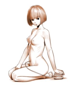 1girl air_pump bob_cut breasts female_focus monochrome navel nipples nude original pump ragetsu seiza short_hair sitting solo