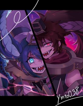 1boy 1girl artist_name blue_eyes blue_hair chain collar duel_monster fangs glowing glowing_eyes highres long_hair messy_hair metal_collar open_mouth red_eyes red_hair sharp_teeth split_screen teeth tongue unchained_twins_-_aruha unchained_twins_-_rakea upper_body yamato_usagi yu-gi-oh!
