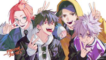 4boys absurdres baseball_cap black_hair brown_eyes collared_shirt commentary copyright_name cross_scar diagonal-striped_clothes diagonal-striped_necktie double_v ear_piercing earclip eugene_korekishi eyewear_hang fangs glasses green_eyes grey_hoodie hair_between_eyes hair_slicked_back hair_tie hat headphones headphones_around_neck highres hood hood_down hood_up hoodie jacket jacket_over_hoodie jewelry kanzaki_kaoru kaohom503_2 kotaro_tamon leather leather_jacket looking_at_viewer male_focus mogari_shishikuno multiple_boys multiple_rings necktie open_mouth phantom_busters piercing purple_eyes purple_shirt red_eyes red_hair ring round_eyewear scar scar_across_eye scar_on_face semi-rimless_eyewear shirt short_hair signature simple_background striped_clothes symbol-only_commentary teeth tongue tongue_out under-rim_eyewear unworn_eyewear upper_body v white_background white_shirt yellow_hoodie zipper_pull_tab