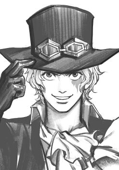 Rule 34 | 1boy, ascot, collared shirt, commentary request, gloves, goggles, goggles on headwear, greyscale, kdash, male focus, monochrome, one piece, sabo (one piece), scar, scar on face, shirt, short hair, simple background, smile, solo