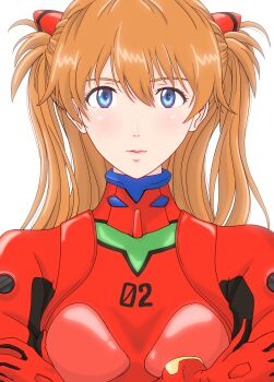 Rule 34 | 1girl, artist request, blue eyes, bodysuit, breasts, brown hair, crossed arms, highres, interface headset (evangelion), lips, long hair, looking at viewer, mecha pilot suit, neon genesis evangelion, plugsuit (evangelion), red bodysuit, simple background, smile, solo, souryuu asuka langley, white background, wide hips
