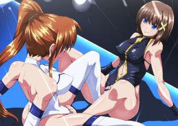 2girls barefoot black_leotard blue_eyes blush breasts brown_hair closed_mouth clothing_cutout covered_erect_nipples hair_ornament large_breasts leotard long_hair looking_at_another lyrical_nanoha mahou_shoujo_lyrical_nanoha_strikers medium_breasts multiple_girls navel navel_cutout ponytail short_hair smile sweat takamachi_nanoha tappa_(esperanza) white_leotard x_hair_ornament yagami_hayate yuri