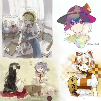 5girls alice_margatroid animal_ears apron ascot bell black_hair black_ribbon blonde_hair blue_dress blue_eyes blue_hair board_game calico_(pattern) capelet cat_ears cat_girl closed_eyes coin collared_shirt crop_top cup detached_sleeves doll dress eyeball frilled_ascot frilled_capelet frilled_skirt frills gold goutokuji_mike hair_ribbon hairband hat hat_ribbon heart heart_of_string hourai_doll japanese_clothes jingle_bell juliet_sleeves kaigen_1025 koban_(gold) komeiji_koishi light_blue_hair lolita_hairband long_hair long_sleeves maneki-neko miko mob_cap multicolored_hair multicolored_shirt multicolored_skirt multiple_girls open_mouth orange_eyes patch patchwork_clothes pillow pink_ascot pink_headwear pink_sash pink_shirt pink_skirt playing_games portrait_of_exotic_girls puffy_short_sleeves puffy_sleeves red_dress red_hairband red_ribbon red_skirt reversi ribbon sash seiza shanghai_doll shirt short_hair short_sleeves side_ponytail sitting skirt smile streaked_hair tea teacup teapot third_eye touhou very_long_hair waist_apron wavy_hair white_capelet white_hair white_shirt wide_sleeves yellow_ribbon