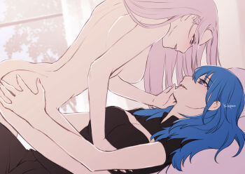 2girls artist_name ass black_shirt blue_eyes blue_hair breasts cleavage cleavage_cutout clothed_female_nude_female clothing_cutout commentary_request couple edelgard_von_hresvelg eye_contact female_byleth_(fire_emblem) fire_emblem fire_emblem:_three_houses girl_on_top hand_on_another&#039;s_ass hand_on_another&#039;s_face indoors large_breasts long_hair looking_at_another lying median_furrow multiple_girls nintendo no_nipples nude on_back parted_lips pink_eyes pink_hair shirt short_sleeves smile straddling straight_hair yudepan_(yuri_no_sugata) yuri