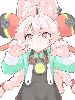 1girl absurdres ahoge animal_ear_fluff animal_ear_piercing animal_ears braid bright_pupils commentary_request furry furry_female hair_ornament highres long_hair looking_at_viewer neko_t_chan pink_fur pink_hair rabbit_ears rabbit_girl red_eyes shirt short_eyebrows solo thick_eyebrows twin_braids white_pupils zenless_zone_zero zhao_(zenless_zone_zero)