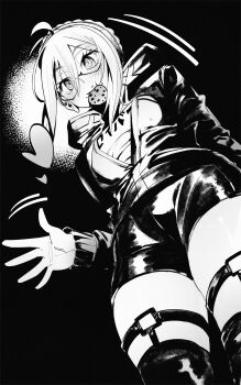 1girl absurdres ahoge artoria_pendragon_(fate) bike_shorts black-framed_eyewear black_shorts black_thighhighs braid cookie fate/grand_order fate_(series) food food_in_mouth glasses greyscale gym_shirt heart highres jacket kamisato_sora monochrome motion_lines mysterious_heroine_x_alter_(fate) mysterious_heroine_x_alter_(second_ascension)_(fate) semi-rimless_eyewear shirt shorts solo thigh_strap thighhighs under-rim_eyewear waving