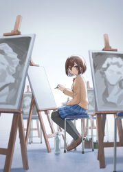 Rule 34 | 1girl, black pantyhose, blue skirt, blush, bottle, bow, bowtie, brown eyes, brown footwear, brown hair, canvas (object), closed mouth, earrings, easel, from side, full body, hand on lap, highres, holding, holding paintbrush, jewelry, legs together, loafers, long bangs, looking at viewer, paintbrush, pantyhose, plaid, plaid skirt, pleated skirt, project sekai, qi&#039;e (penguin), red bow, red bowtie, shinonome ena, shoes, short hair, sidelocks, sitting, skirt, smile, solo, stool, tile floor, tiles, water bottle