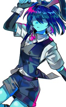 Rule 34 | 1other, absurdres, alternate costume, animal ear hairband, animal ears, belt, black gloves, black shorts, black vest, blue hair, blue skin, colored skin, commentary request, deltarune, denim, denim shorts, dress shirt, fake animal ears, feet out of frame, gimkkanu, gloves, hair between eyes, hairband, hand up, highres, korean commentary, kris (dark world) (deltarune), kris (deltarune), no eyes, other focus, parted lips, partially fingerless gloves, rabbit ear hairband, rabbit ears, shaded face, shirt, short hair, short sleeves, shorts, simple background, solo, utdr (toby fox), vest, white background, white shirt, white wrist cuffs, wing collar, wrist cuffs