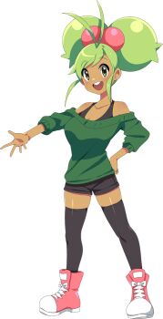 1girl :d antenna_hair black_bra black_shorts black_thighhighs boots bra breasts dark-skinned_female dark_skin dot_nose double_bun full_body green_eyes green_hair green_sweater hair_bobbles hair_bun hair_ornament hand_on_own_thigh happy looking_at_viewer medium_breasts multicolored_boots nashirasauce off-shoulder_sweater off_shoulder open_hand open_mouth original outstretched_arm raised_eyebrows red_boots shorts simple_background smile solo standing sweater tachi-e teeth thighhighs three-quarter_sleeves transparent_background two-tone_boots underwear upper_teeth_only white_boots zettai_ryouiki