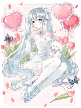 1girl alternate_costume alternate_hair_ornament ankle_strap argyle_background armpit_crease arms_at_sides ballet_slippers balloon bare_shoulders blue_butterfly blue_eyes blue_hair blue_nails blue_shoes border bow breasts brooch bug butterfly butterfly_earrings choppy_bangs cleavage collarbone cross-laced_clothes cross-laced_dress crown crystal crystal_earrings detached_sleeves dot_nose dress dress_bow earrings falling_petals fingernails floral_background flower footwear_bow frilled_balloon frilled_dress frilled_sleeves frills full_body glitter glitter_dress hair_ornament hairclip hand_on_own_face hand_up hatsune_miku heart_balloon highres holding holding_stuffed_toy insect jewelry juliet_sleeves lace lace-trimmed_dress lace-trimmed_ribbon lace-trimmed_thighhighs lace_trim layered_sleeves legs_together light_blush light_particles long_hair long_sleeves looking_at_viewer mini_crown neck_ribbon necklace ornate_ring pale_color parted_lips pearl_necklace petals pink_background pink_ribbon pointed_crown puffy_sleeves red_flower red_petals red_tulip ribbon ring shoes short_dress sidelocks silver_crown simple_background small_breasts solo sparkle sparkle_background strapless strapless_dress stuffed_animal stuffed_toy tareme tententuyu thighhighs tulip twintails very_long_hair vocaloid wavy_hair white_border white_bow white_dress white_ribbon white_sleeves white_thighhighs wrist_ribbon zettai_ryouiki