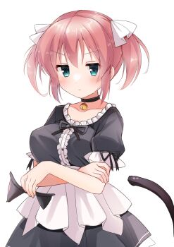 1girl :| alternate_costume animal_ears aqua_eyes arms_under_breasts bell black_choker black_dress black_ribbon blush breasts cat_ears cat_tail center_frills choker closed_mouth collarbone commentary_request cowboy_shot crossed_arms daitoshokan_no_hitsujikai dress enmaided fake_animal_ears fake_tail frilled_dress frills frown hair_between_eyes hair_ribbon highres holding_hairband jingle_bell jitome kodachi_nagi large_breasts maid medium_hair neck_bell pink_hair puffy_short_sleeves puffy_sleeves ribbon short_sleeves sidelocks simple_background solo sweatdrop tail tail_raised takepoison twintails unamused v-shaped_eyebrows white_background white_ribbon