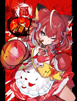 Rule 34 | 1girl, ahoge, akami karubi, animal ears, apron, black choker, bow, choker, crazy raccoon, gloves, green eyes, hair ribbon, highres, looking at viewer, maid, maid apron, marisa (street fighter), multicolored hair, one eye closed, pokimari, raised fist, red bow, red gloves, red hair, ribbon, solo, streaked hair, street fighter, street fighter 6, twintails, virtual youtuber