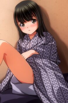 Rule 34 | 1girl, black hair, blush, brown eyes, collarbone, grey kimono, japanese clothes, kimono, long hair, long sleeves, looking at viewer, matsunaga kouyou, obi, open mouth, original, pillow, sash, sitting, striped clothes, striped kimono, wide sleeves