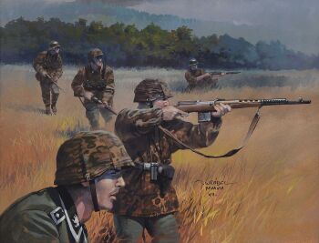 Rule 34 | 5boys, acrylic paint (medium), aiming, artist name, battle rifle, belt, black belt, bolt action, brown helmet, brown jacket, camouflage, camouflage helmet, camouflage jacket, chinstrap, collared jacket, combat helmet, contrast collar, dated, day, finger on trigger, foliage, grass, grasslands, green helmet, green jacket, grey pants, grey sky, gun, gun sling, helmet, holding, holding gun, holding weapon, holster, insignia, jacket, jaroslaw wrobel, long sleeves, looking afar, looking to the side, male focus, mauser 98, military, military jacket, military uniform, multicolored jacket, multiple boys, nature, nazi, on one knee, original, outdoors, overcast, painting (medium), pants, parted lips, plain epaulettes, realistic, rifle, roman numeral, sky, soldier, ss insignia, stahlhelm, standing, svt-40, third-party source, traditional media, waffen-ss, war, weapon, world war ii